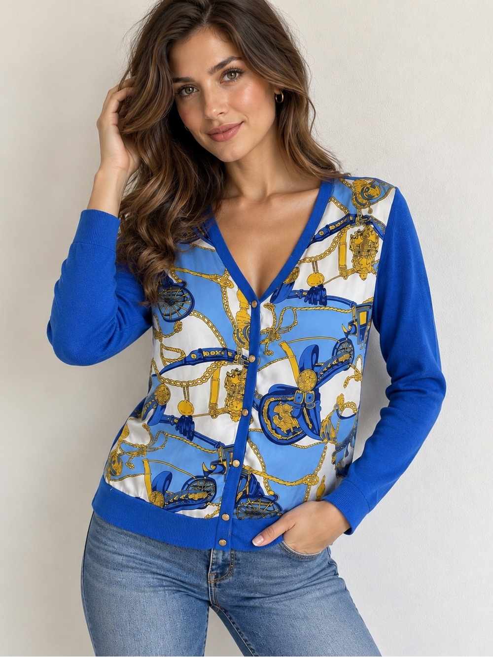 Russell Kemp Women’s M Blue Chain Print Cardigan Silky Front Knit Back Lightweig